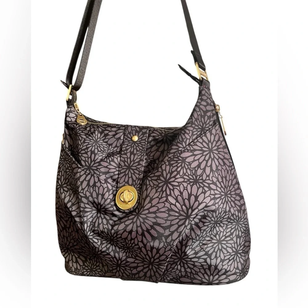 Baggallini Helsinki Shoulder Crossbody Hobo Gray Floral w/ RFID 13.5” x 11” x 4”